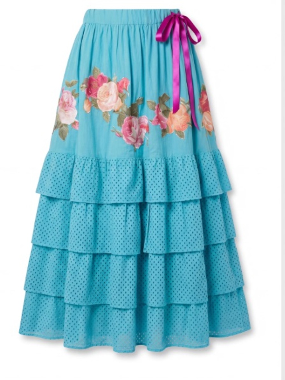 Hand Crafted Turquoise Floral Skirt with Magenta Ribbon